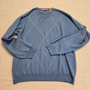 Sette Ponti Blue Argyle Sweater Made in Italy Merino Wool blend V-neck Men's XXL